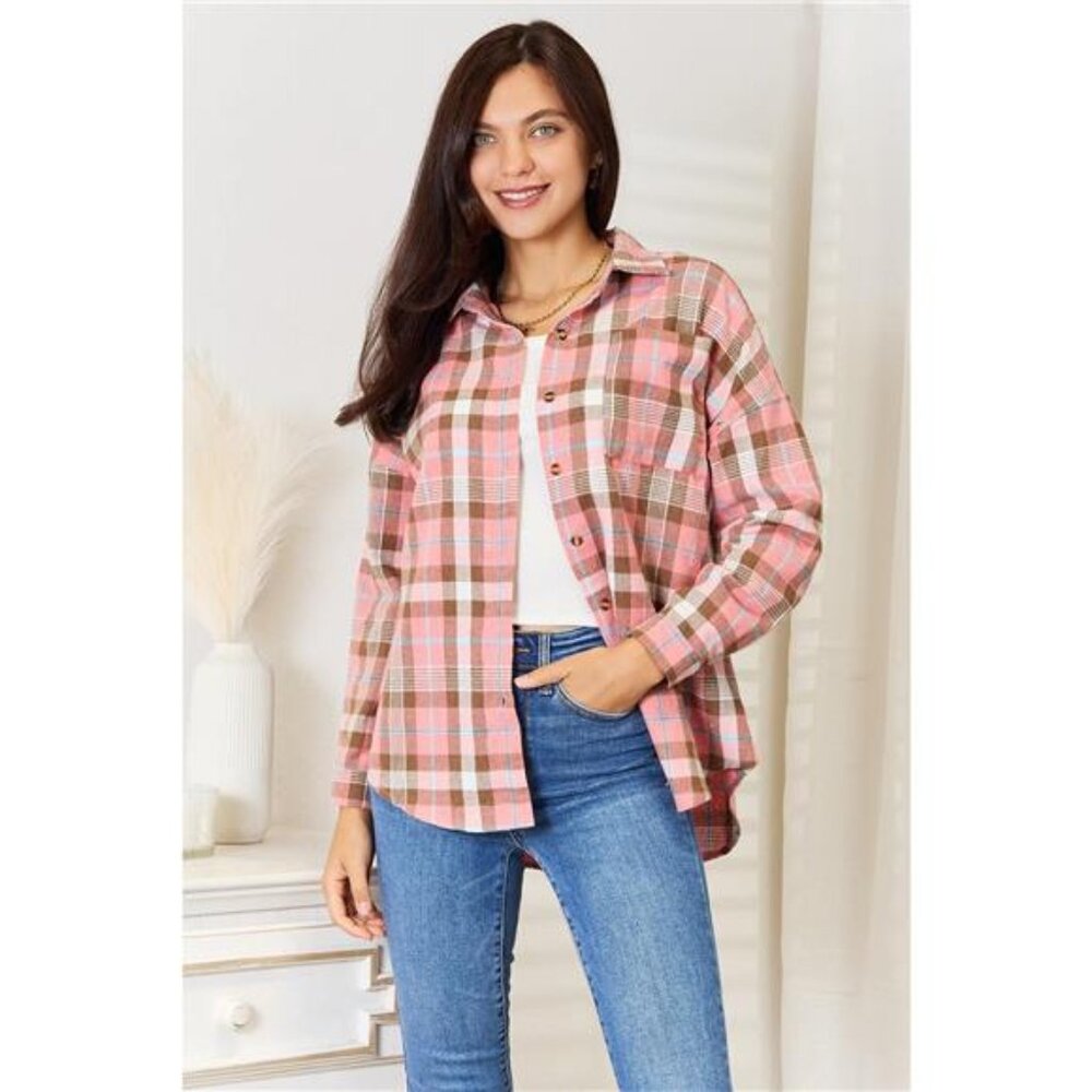 Double Take Plaid Collared‎ Neck Long Sleeve Button-Up Shirt